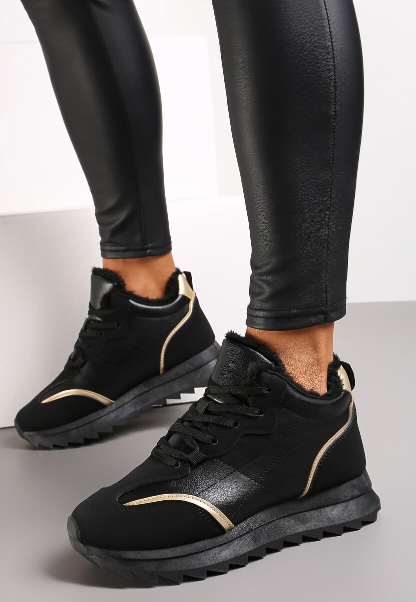 Czarne Sznurowane Sneakersy Ocieplane Futerkiem z Cholewką z Ekoskóry Bega
