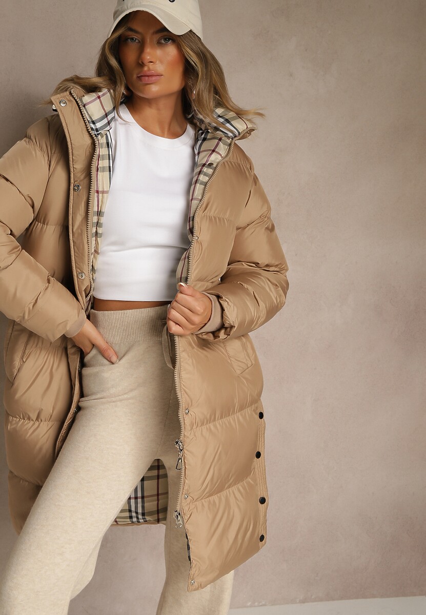 Ciemnobeżowa Kurtka z Pikowanymi Przeszyciami o Długim Fasonie z Kapturem Gineffa