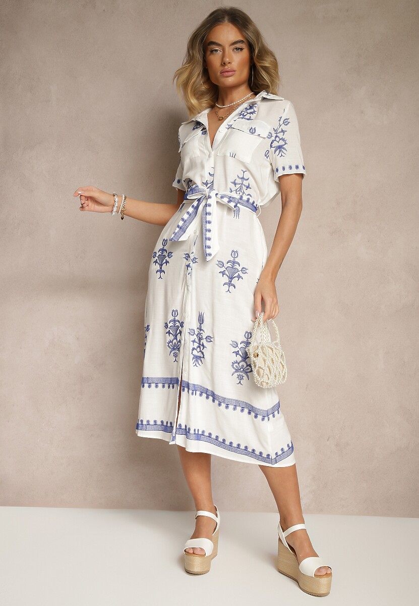 Biała Koszulowa Sukienka z Wiskozy Ozdobiona Paskiem i Haftem Divirea
