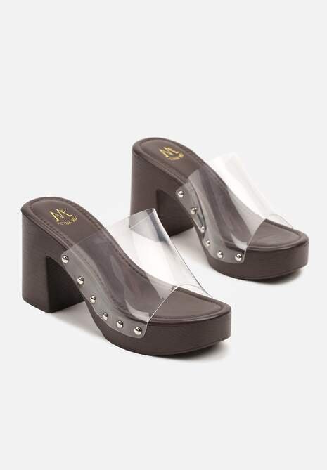 Brązowe Transparentne Klapki na Obcasie i Platformie z Nitami Rivfia