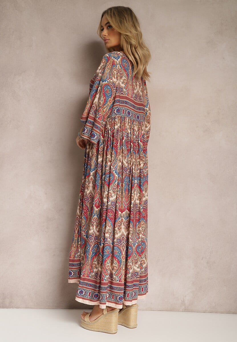 Jasnobeżowa Rozkloszowana Sukienka we Wzór Paisley z Rękawem 3/4 Briarwa