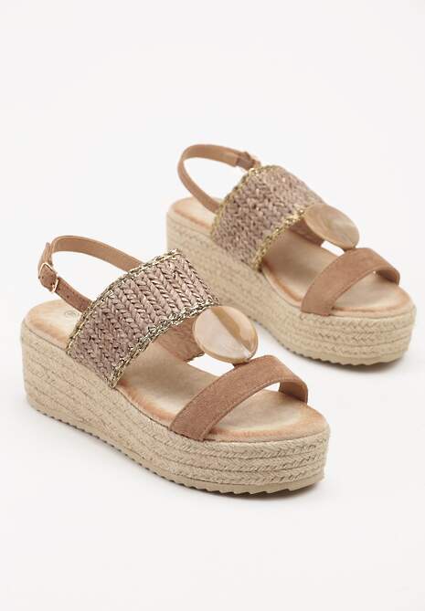 Brązowe Sandały na Plecionej Platformie z Ozdobą Faloti