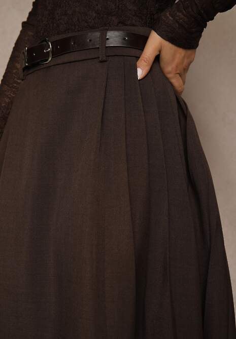 Brązowa Rozkloszowana Spódnica z Wiskozy z Dodatkowym Paskiem z Klamrą Lowedina
