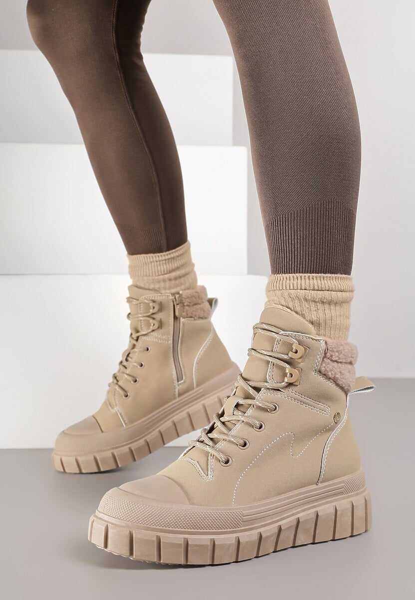 Ciemnobeżowe Botki Trapery Vices na Platformie z Tłoczeniem Anarrive