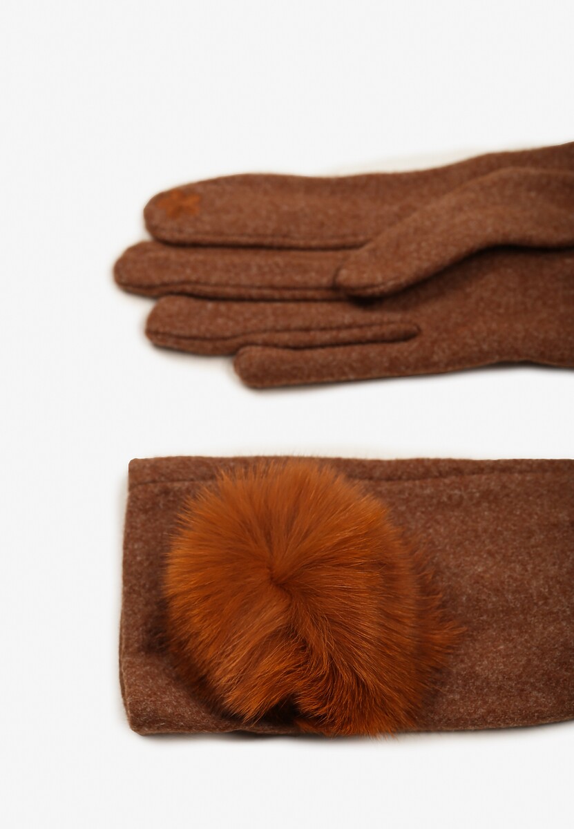 Brązowe Rękawiczki z Bawełną Ozdobione Futrzanym Pomponem Nadelina