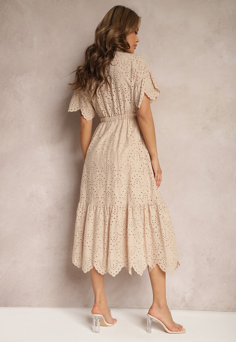 Beżowa Bawełniana Sukienka o Rozkloszowanym Kroju z Haftem z Guzikami i Gumką w Pasie Lovarae