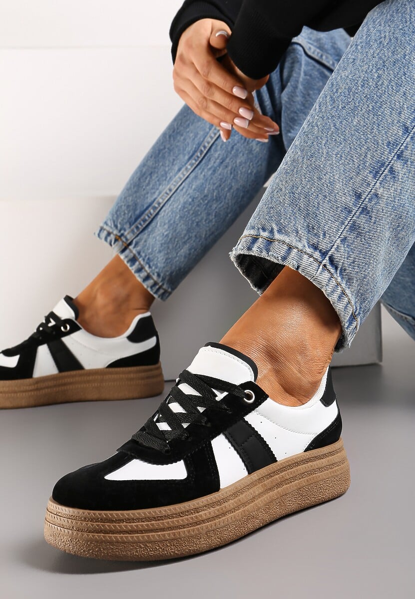 Czarno-Białe Sneakersy na Grubej Podeszwie z Ozdobnymi Przeszyciami Ysdole