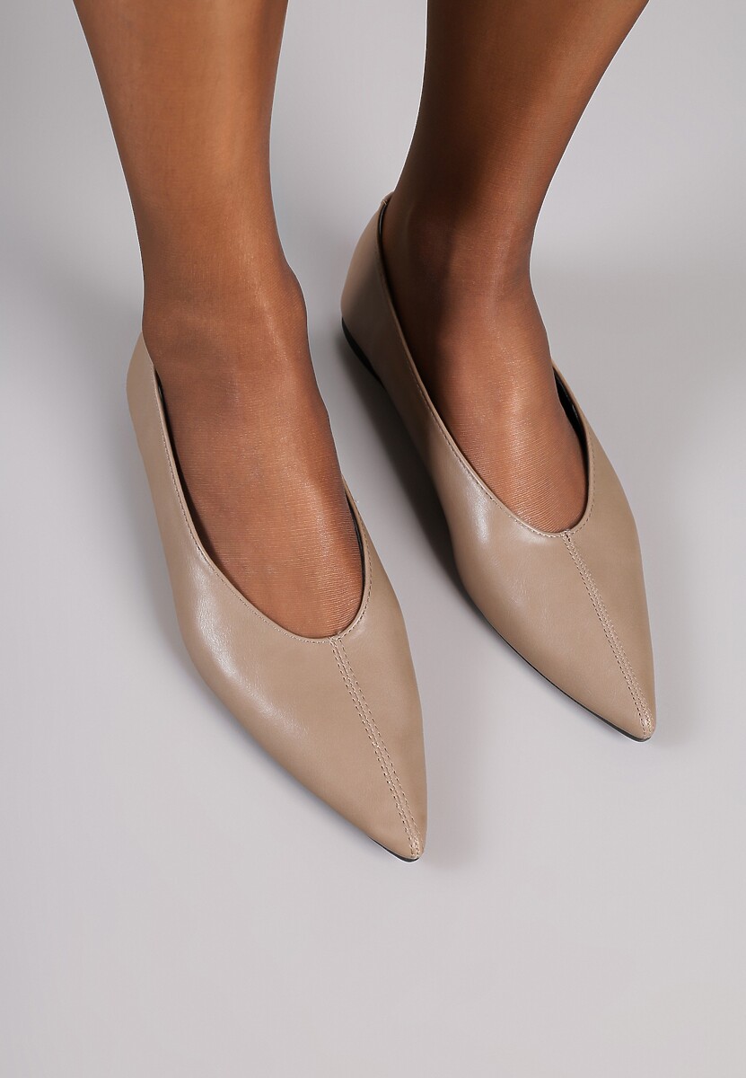 Ciemnobeżowe Balerinki Vices z Noskiem w Szpic i Skórzaną Wkładką Belviie