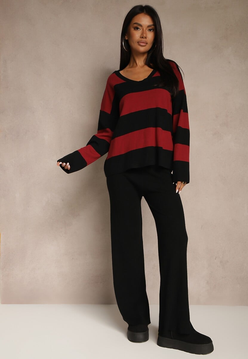 Bordowy Komplet z Dzianiny Spodnie Wide Leg i Sweter w Szerokie Pasy Falorella