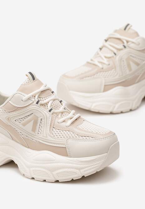 Beżowe Sneakersy z Siateczką i Wstawkami z Ekoskóry na Grubej Podeszwie Anirele