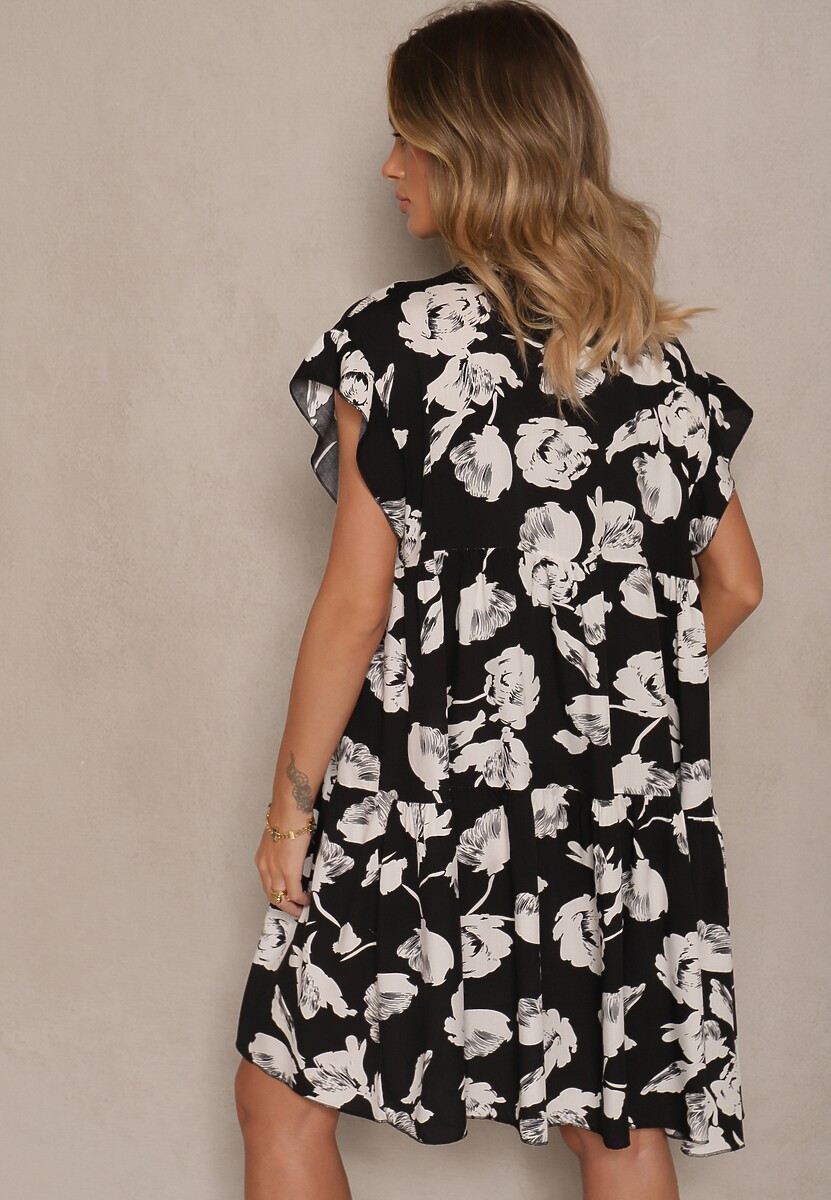 Czarna Sukienka z Bawełny Ozdobiona Kwiatami Liranea