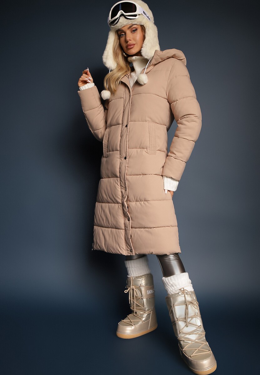 Czarna Pikowana Długa Kurtka z Kapturem i Napami Tisima