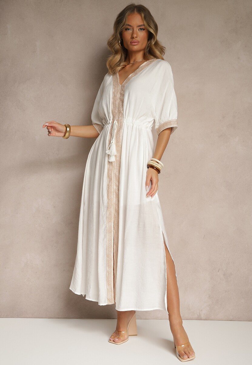 Beżowa Sukienka z Wiskozy Ozdobiona Ażurowymi Wstawkami Aloviana