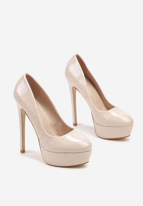 Beżowe Szpilki na Platformie Lakierowane Welioha