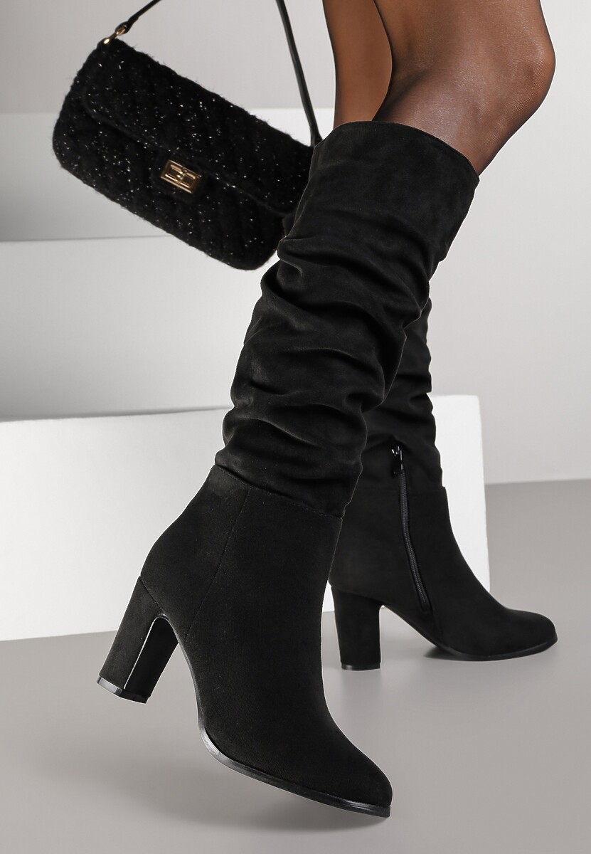 Czarne Kozaki na Słupku w Stylu Slouchy do Kolan Zeriza