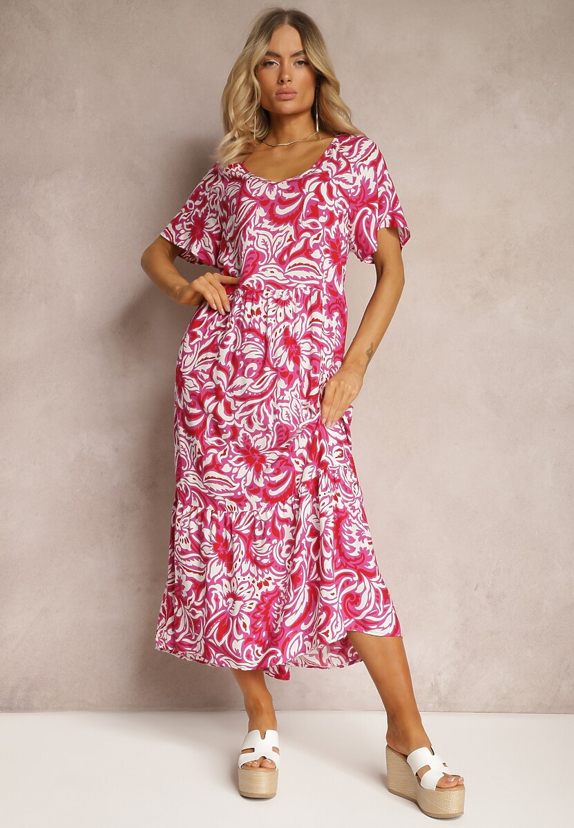 Różowa Sukienka z Wiskozy Zdobiona Falbankami z Krótkim Rękawem Danibella