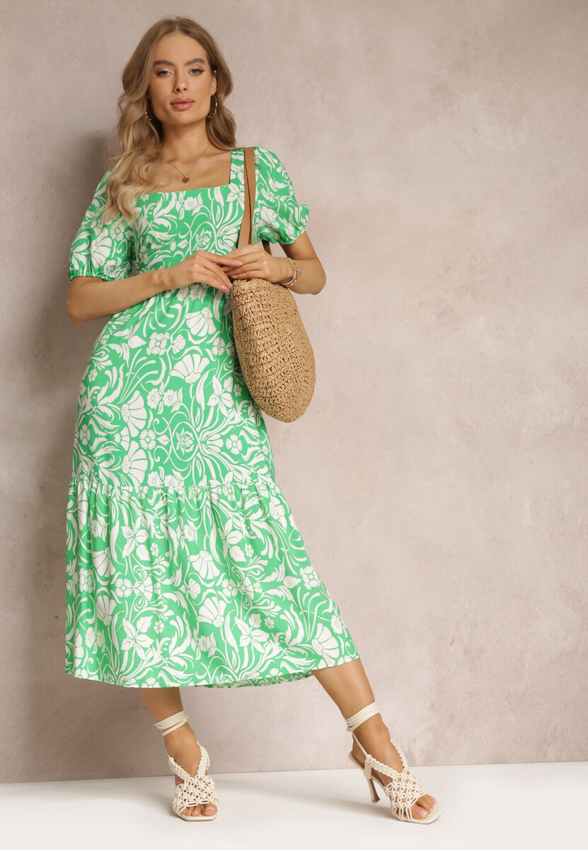 Jasnozielona Taliowana Sukienka Midi z Wiskozy w Kwiaty Alexanita
