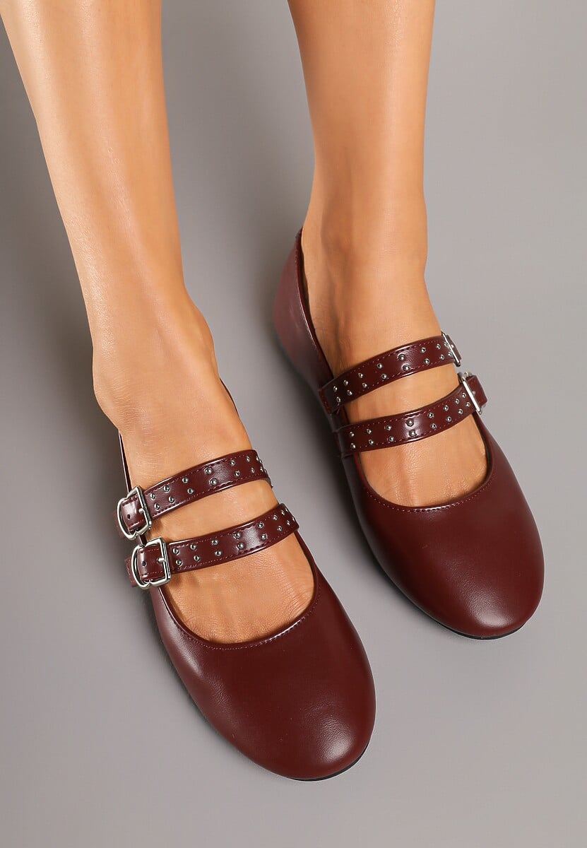 Bordowe Balerinki Vices w Rockowym Stylu z Paskami i Sprzączkami Kikirae