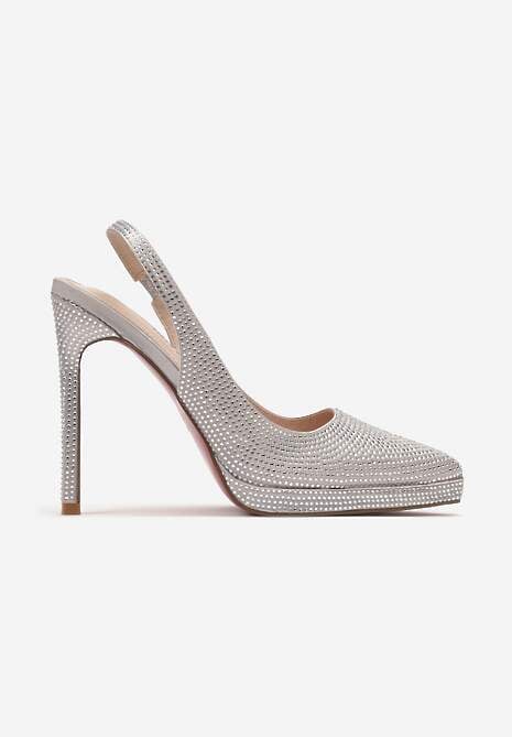 Srebrne Satynowe Sandały na Szpilce i Grubej Podeszwie z Ozdobnymi Cyrkoniami Lenaqia