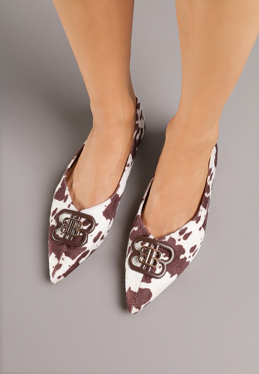 Brązowo-Białe Balerinki ze Szpiczastym Noskiem Zdobione Aplikacją Nalamira