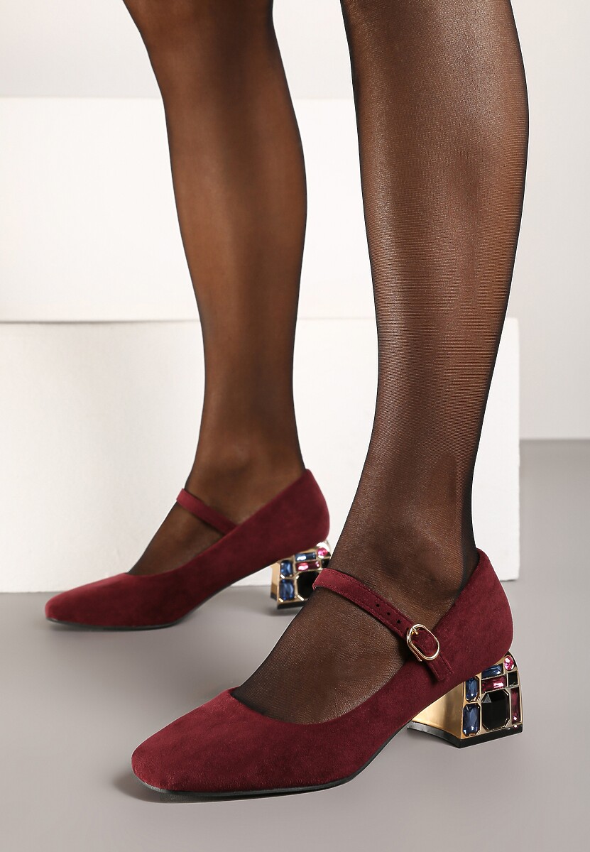 Bordowe Czółenka Vices na Obcasie z Biżuteryjnym Zdobieniem ze Sprzączką i Skórzaną Wkładką Aletan