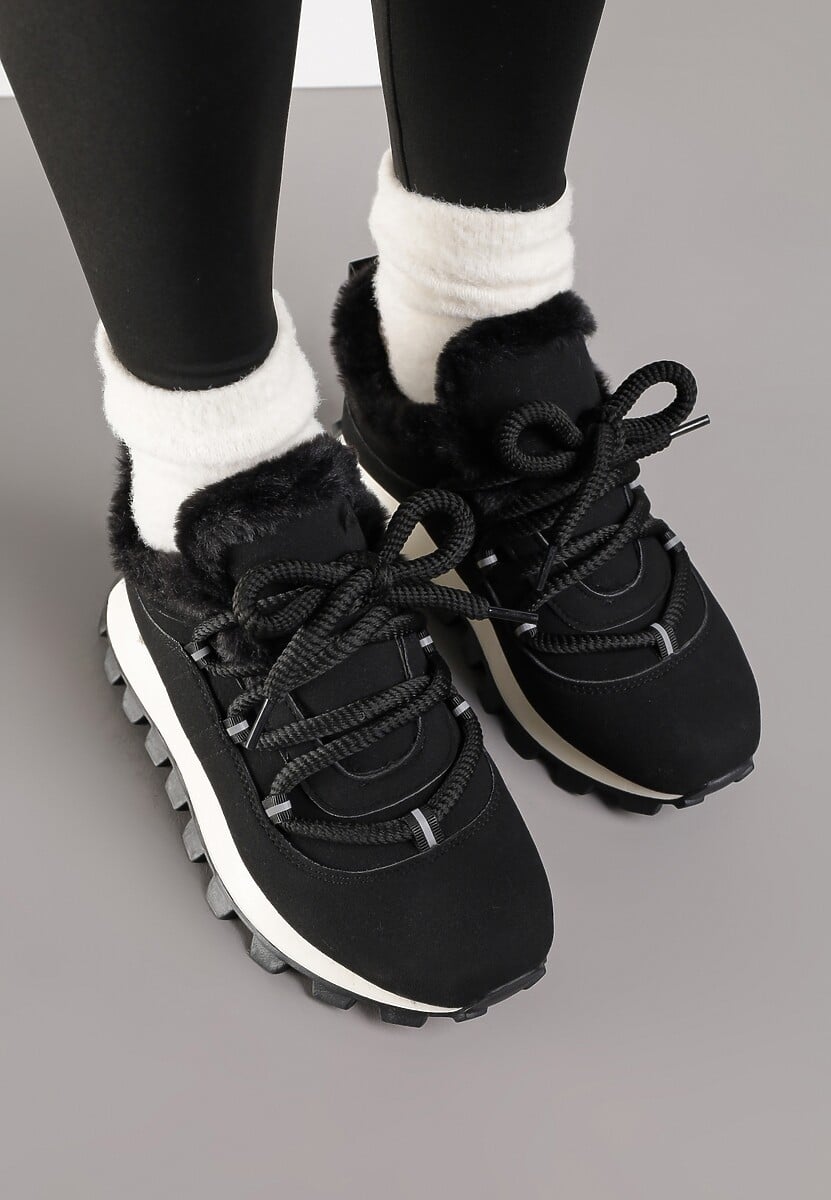 Czarne Sneakersy Typu Śniegowce na Tłoczonej Platformie Sierrna
