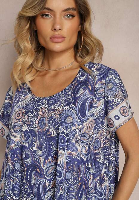 Granatowa Sukienka Boho z Wiskozy z Cienkim Paskiem w Talii Rivasea