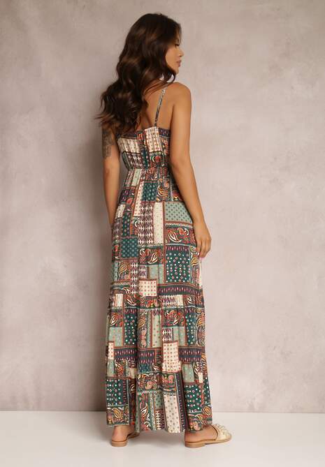 Zielona Wiskozowa Sukienka o Kopertowym Kroju w Print Patchwork Grehan