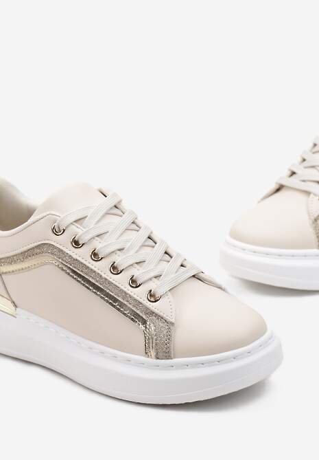 Beżowe Sneakersy na Grubej Podeszwie z Brokatem Veneli