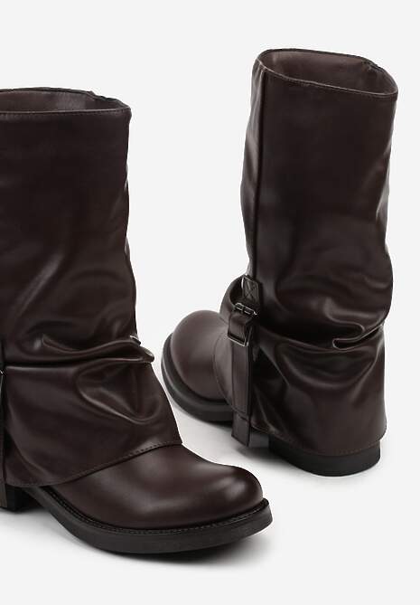 Brązowe Botki Bikery z Wywiniętą Cholewką z Marszczeniem i Klamrą Fenilea