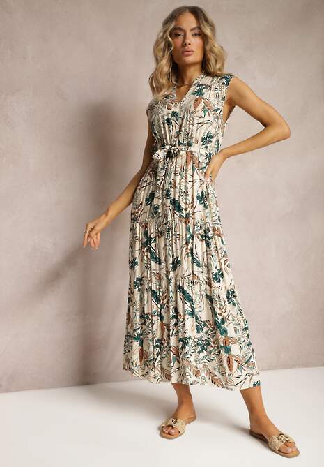 Beżowo-Zielona Sukienka z Wiskozy Zapinana na Guziki z Gumką w Pasie i Materiałowym Paskiem Zefalia