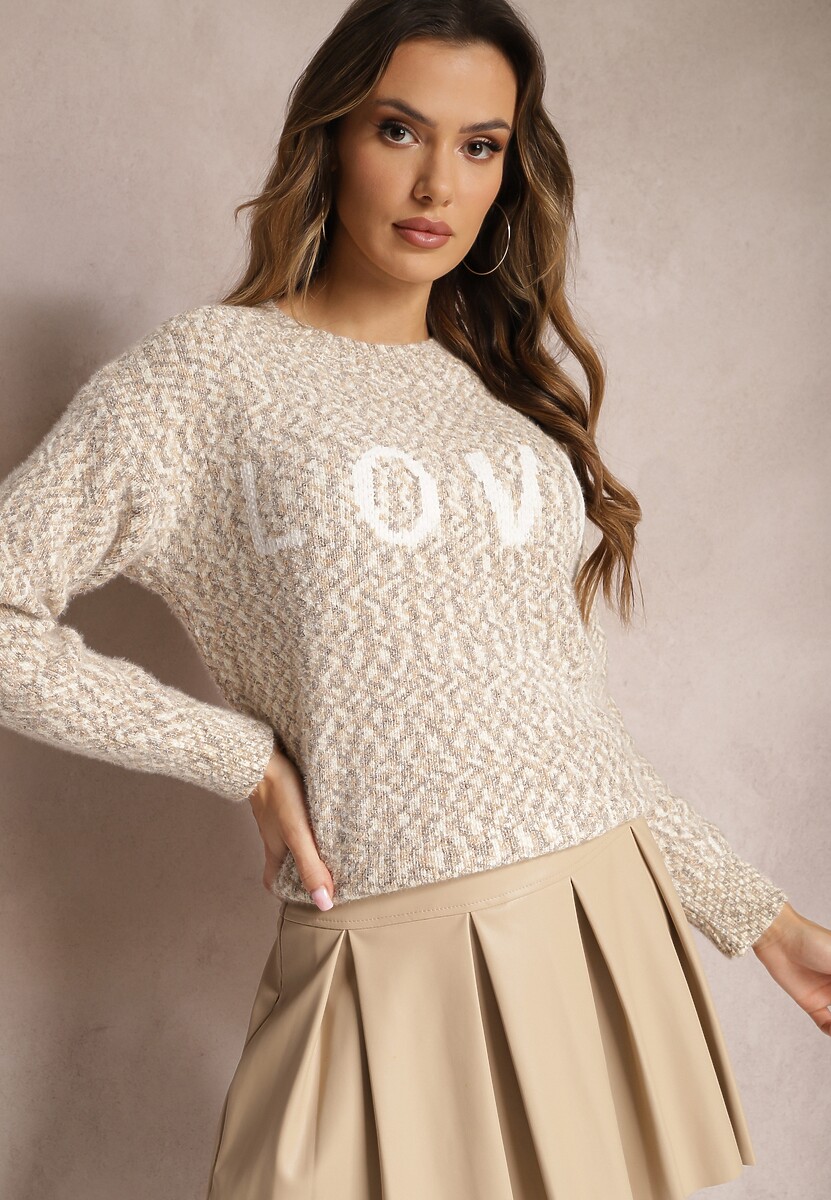 Beżowy Sweter z Ozdobnym Napisem Wykończony Ściągaczami Minisoji