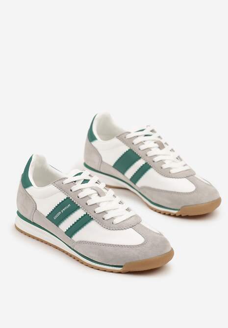 Biało-Szare Sneakersy ze Skórzaną Wkładką i Ozdobnymi Paskami Nasnella