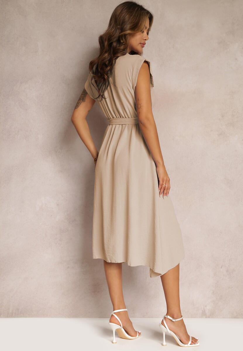 Beżowa Sukienka Midi z Guzikami i Materiałowym Paskiem Nylalik