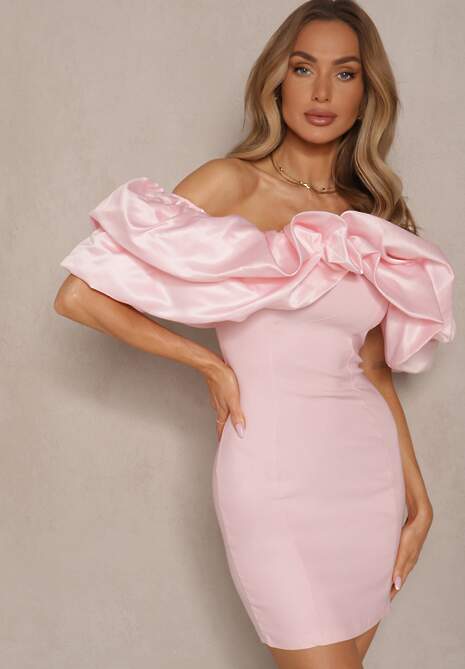 Różowa Mini Sukienka o Dopasowanym Fasonie z Hiszpańskim Dekoltem Callacia