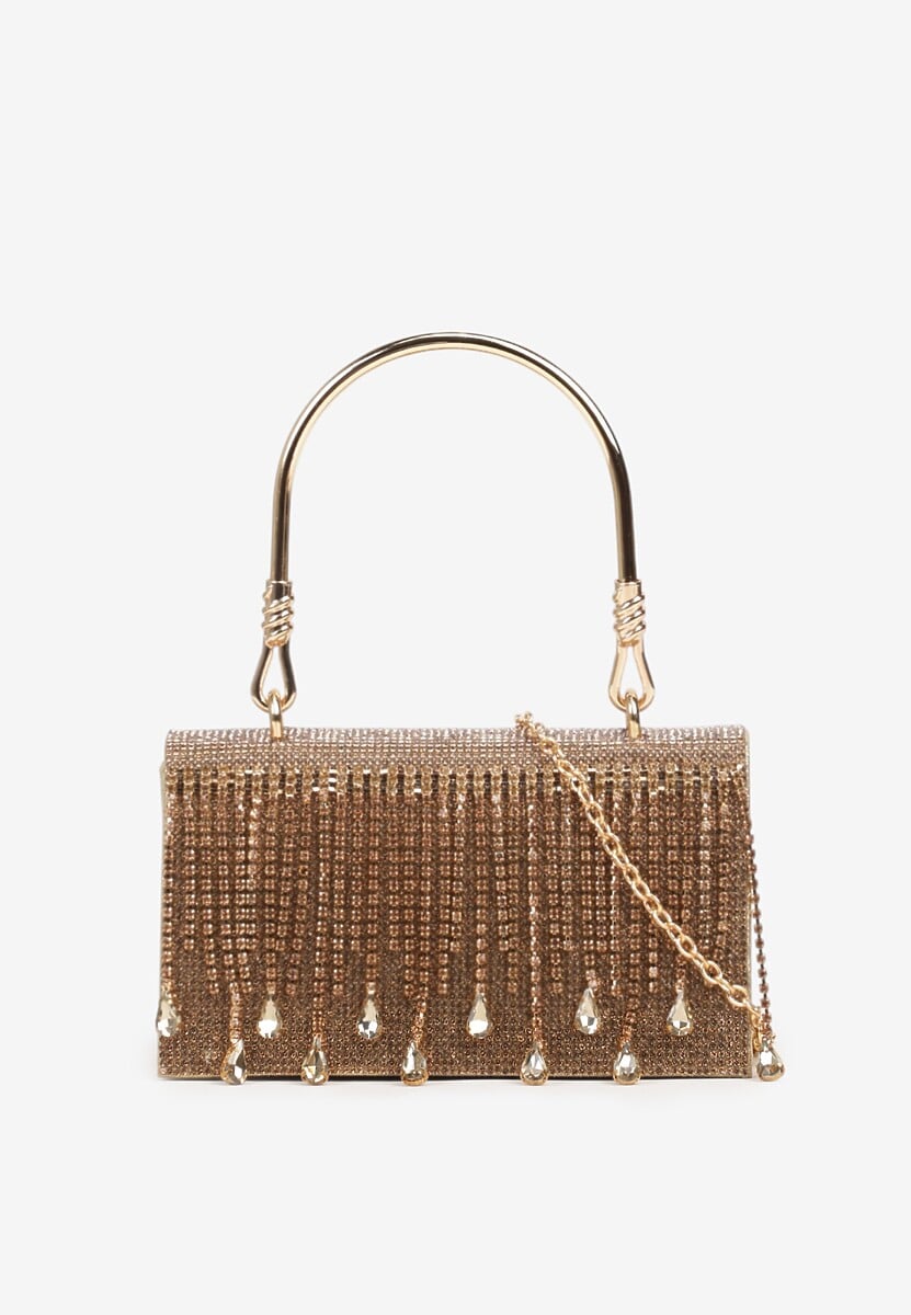 Złota Torebka Kopertówka z Cyrkoniami Rączką i Łańcuszkiem Fesovira