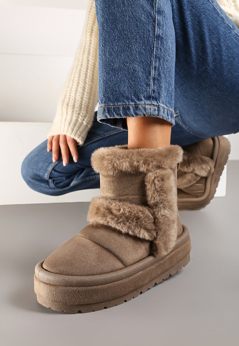Ciemnobeżowe Ekozamszowe Śniegowce na Platformie z Futrzanymi Wstawkami Mazini
