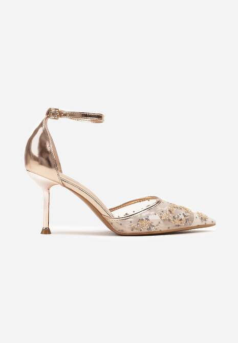 Szampańskie Sandały z Transparentną Siateczką i Cekinami na Szpilce z Zapięciem wokół Kostki Olithwena