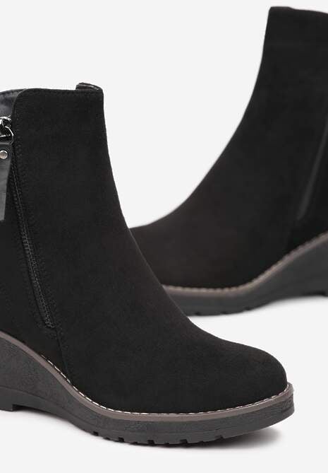 Czarne Botki na Koturnie z Ozdobnym Suwakiem Houtanie