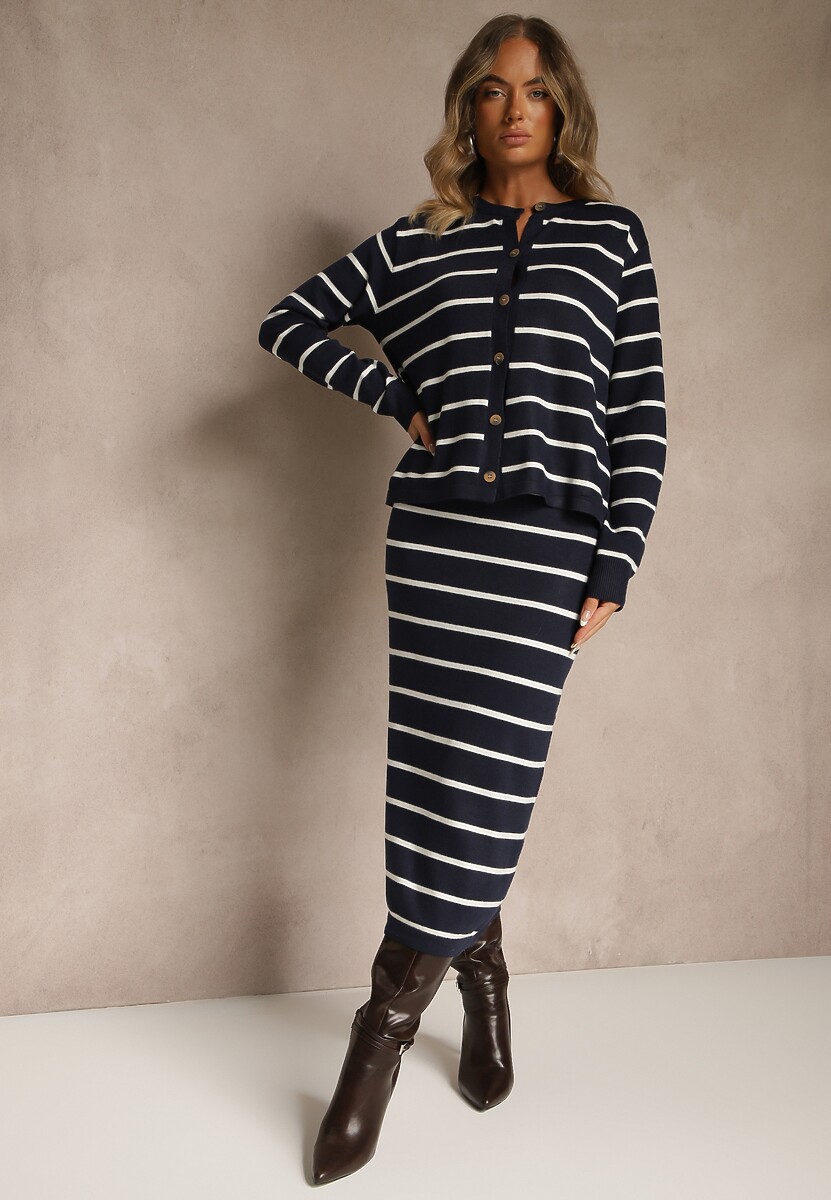 Beżowy Komplet z Wiskozą Spódnica i Bluzka z Guzikami Ozdobione Paskami Forrive