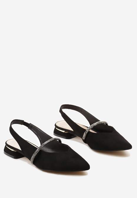 Czarne Czółenka z Noskiem w Szpic Paskiem z Cyrkoniami i Skórzaną Wkładką  Veietta