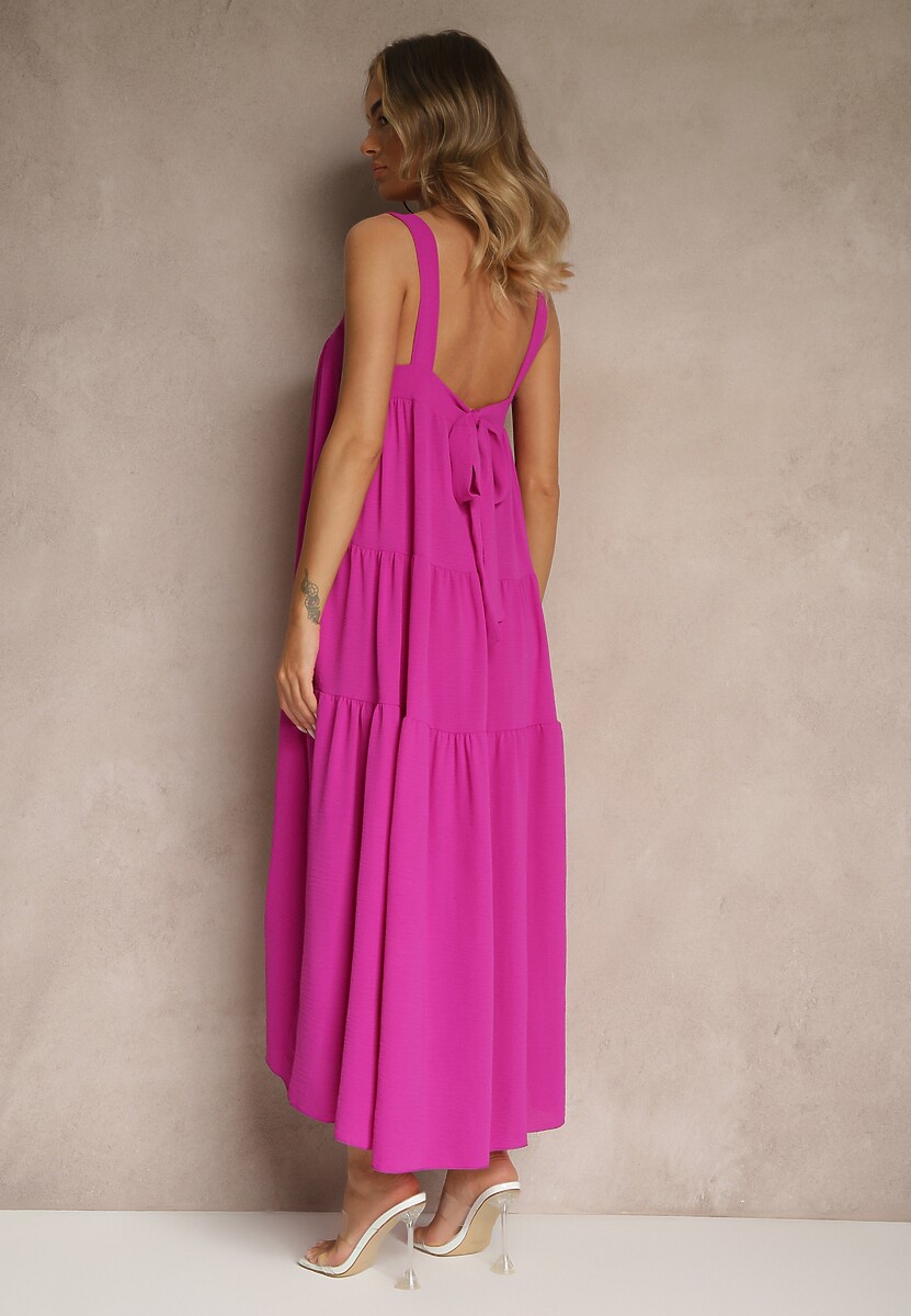 Fioletowa Rozkloszowana Sukienka Ozdobiona Wiązaniem na Plecach Saviande
