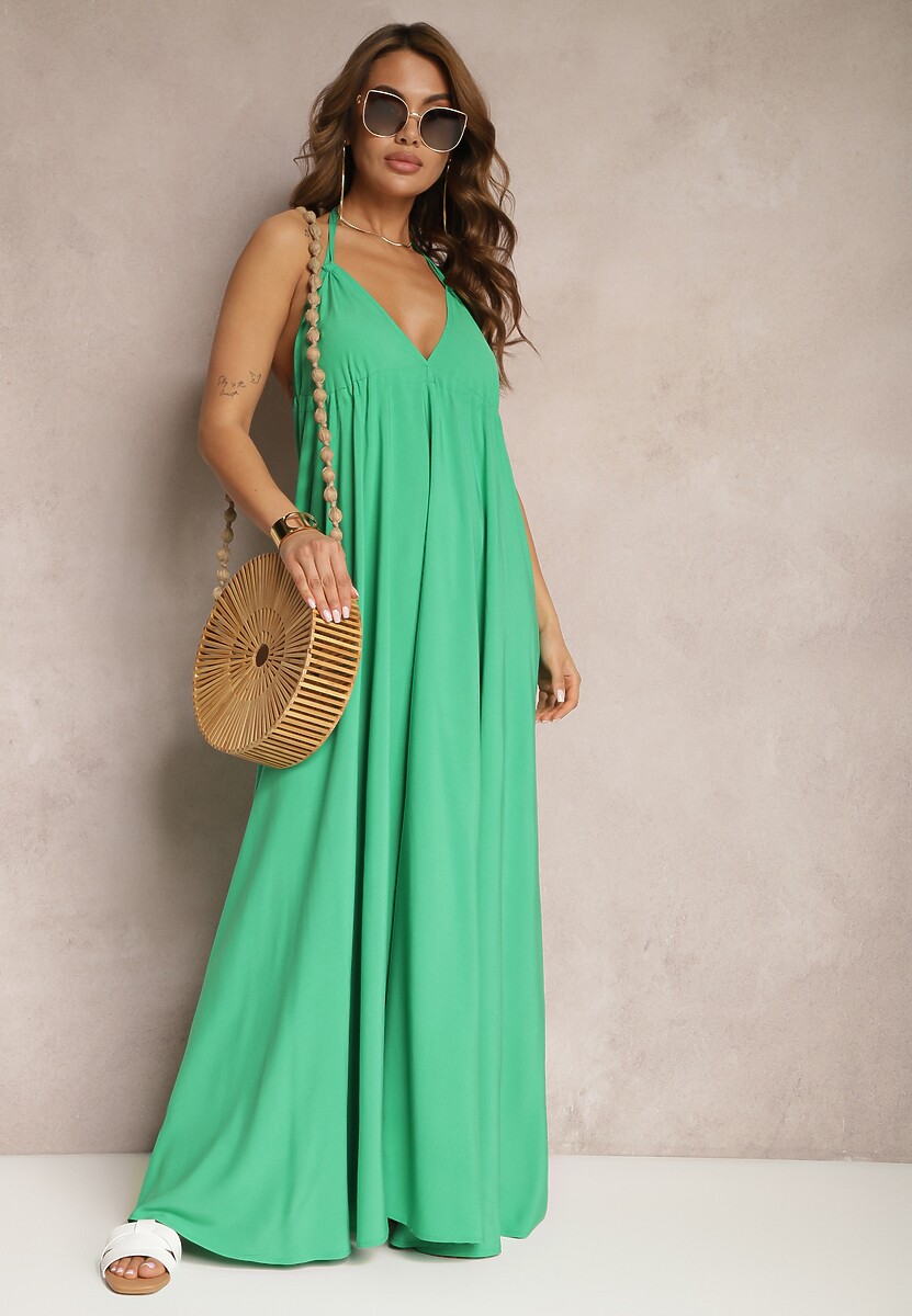 Zielona Rozkloszowana Sukienka Wiązana na Szyi i Plecach z Wiskozy Weilin