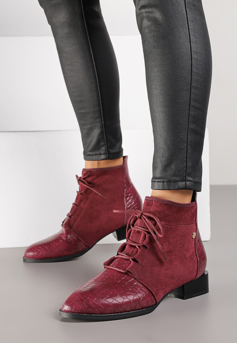 Granatowe Sznurowane Botki do Kostki Vices Zdobione Tłoczeniem Skóry Węża Wedvire