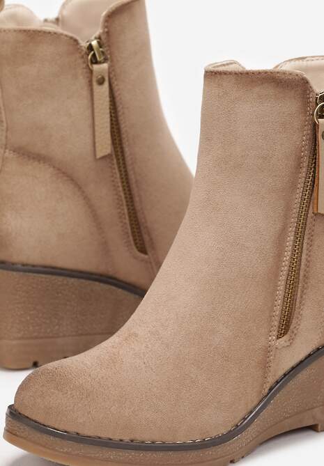 Beżowe Botki na Koturnie z Ozdobnym Suwakiem Houtanie