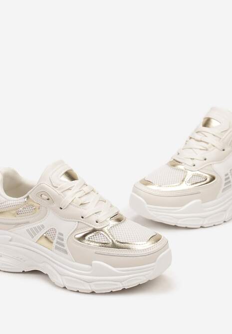 Beżowe Sneakersy na Tłoczonej Podeszwie z Ozdobnymi Wstawkami Lanevi