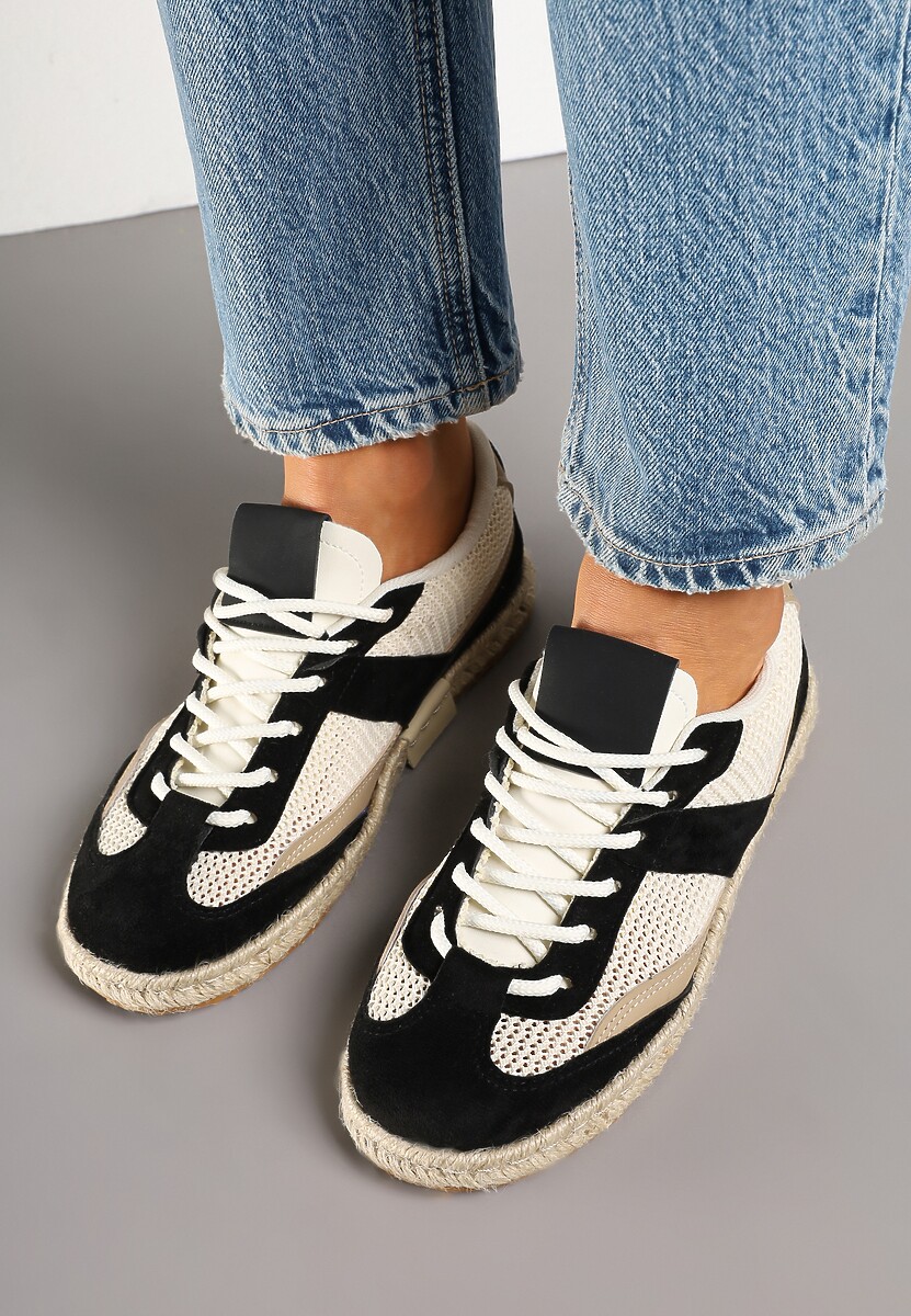 Czarno-Beżowe Sneakersy Typu Kultowe Tenisówki Zdobione Przeszyciami Grelloti