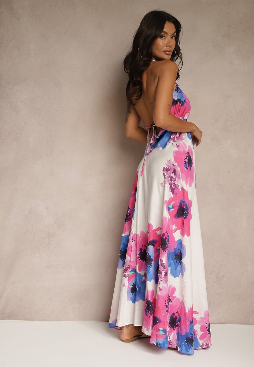 Fuksjowa Rozkloszowana Sukienka z Wiskozy w Kwiaty Wiązana z Tyłu Naluma