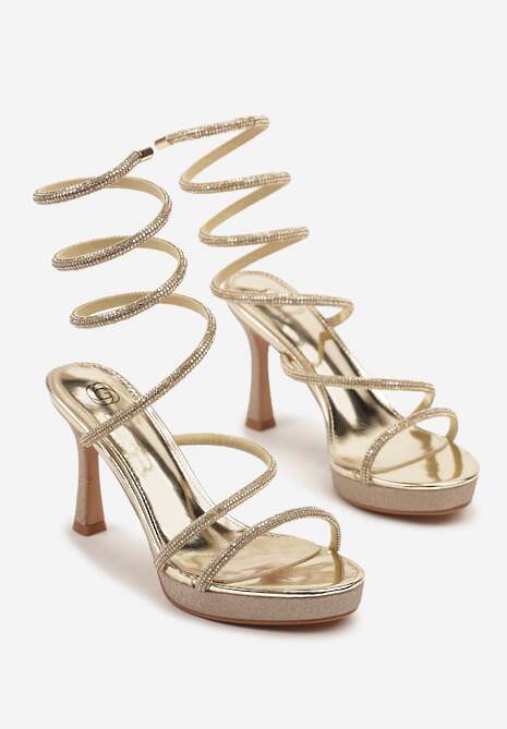Złote Brokatowe Sandały Rzymianki na Obcasie Zdobione Cyrkoniami Pasamira