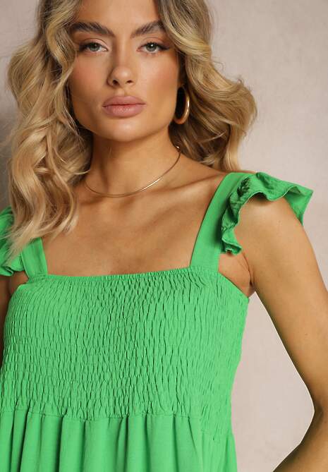 Zielona Rozkloszowana Sukienka na Grubych Ramiączkach z Falbankami Gasena
